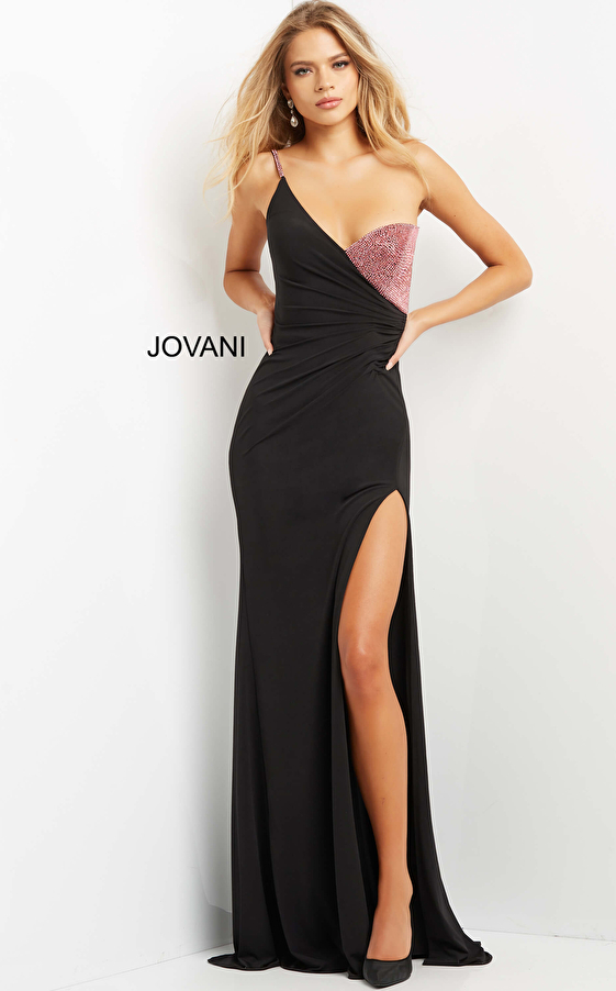 Jovani 09021 Black Pink Embellished Bust Fitted Evening Dress